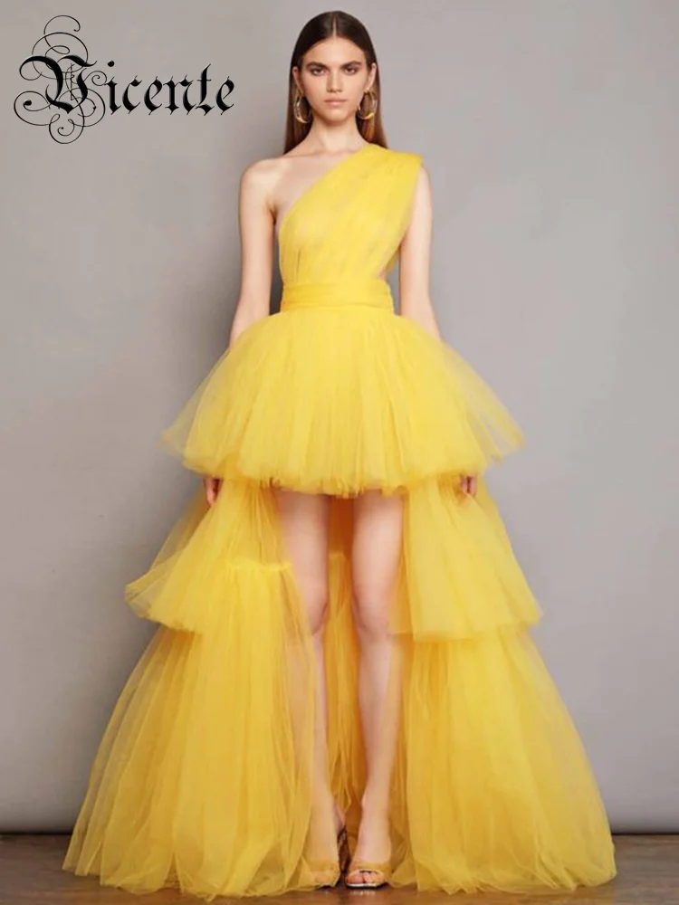 

VC Elegant Dress For Women One Shoulder Ruffles Mesh Pleated Yellow Maxi Long Dress 2023 Summer Fashion Streetwear