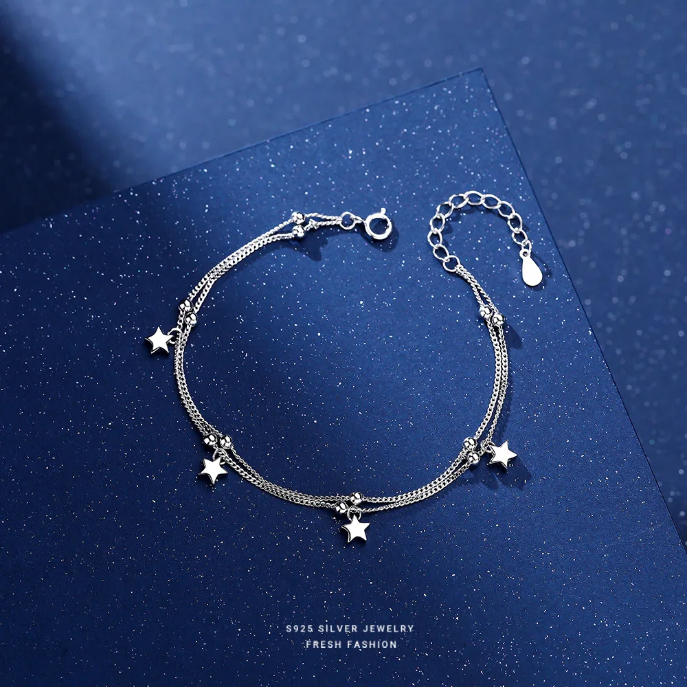 

s925 sterling silver small star double-layer bracelet female Korean light luxury all-match star bead jewelry gift