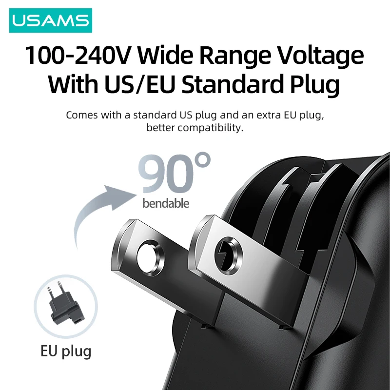 USAMS Power Bank 10000mAh With 20W PD Fast Charging Powerbank 3 In 1 Wall Charger With Cables US EU Plug For iPhone Huawei Phone