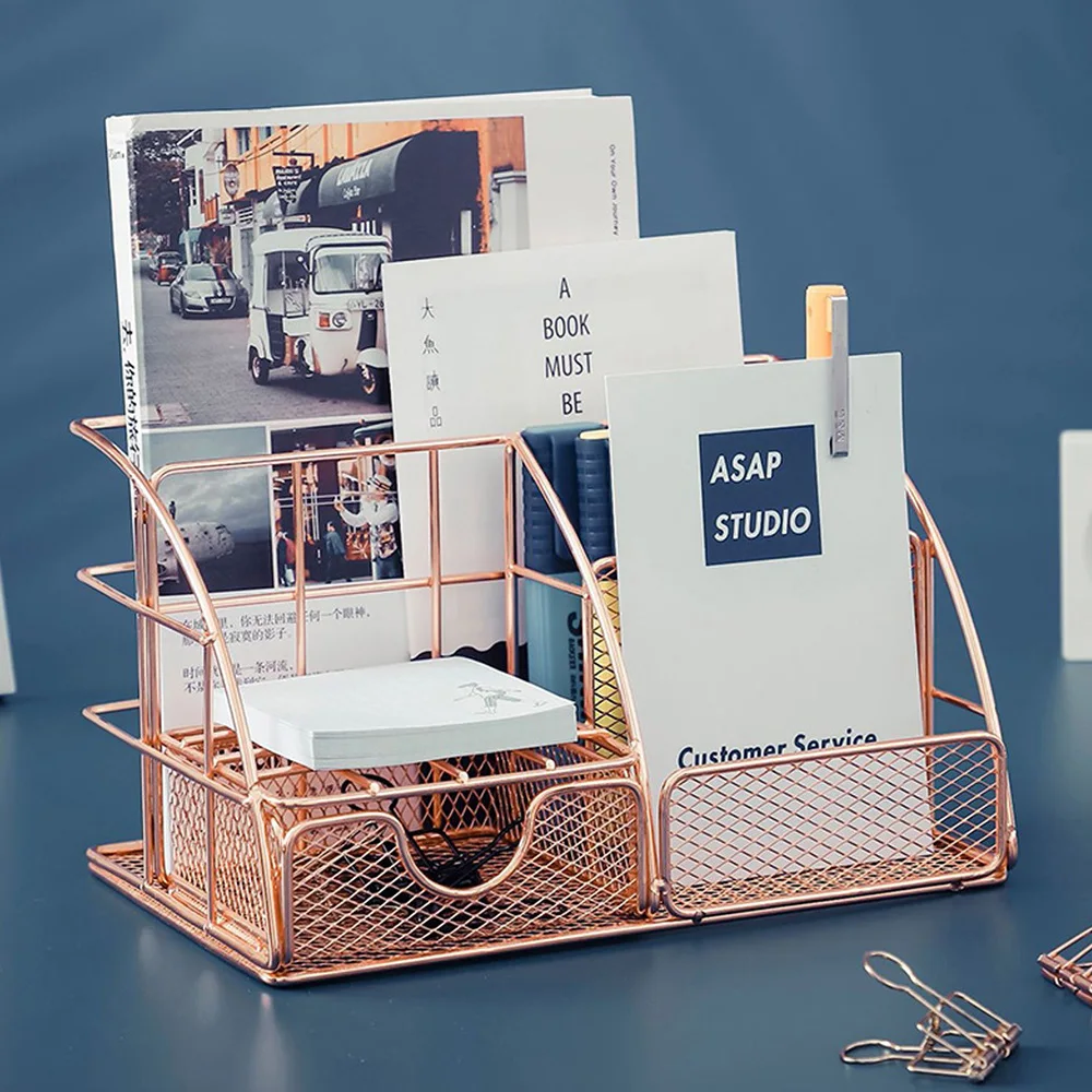 

Desktop Storage Box Rose Gold Mesh Wire Metal Office Stationery Accessories With Drawer Home Office Makeup Organizer