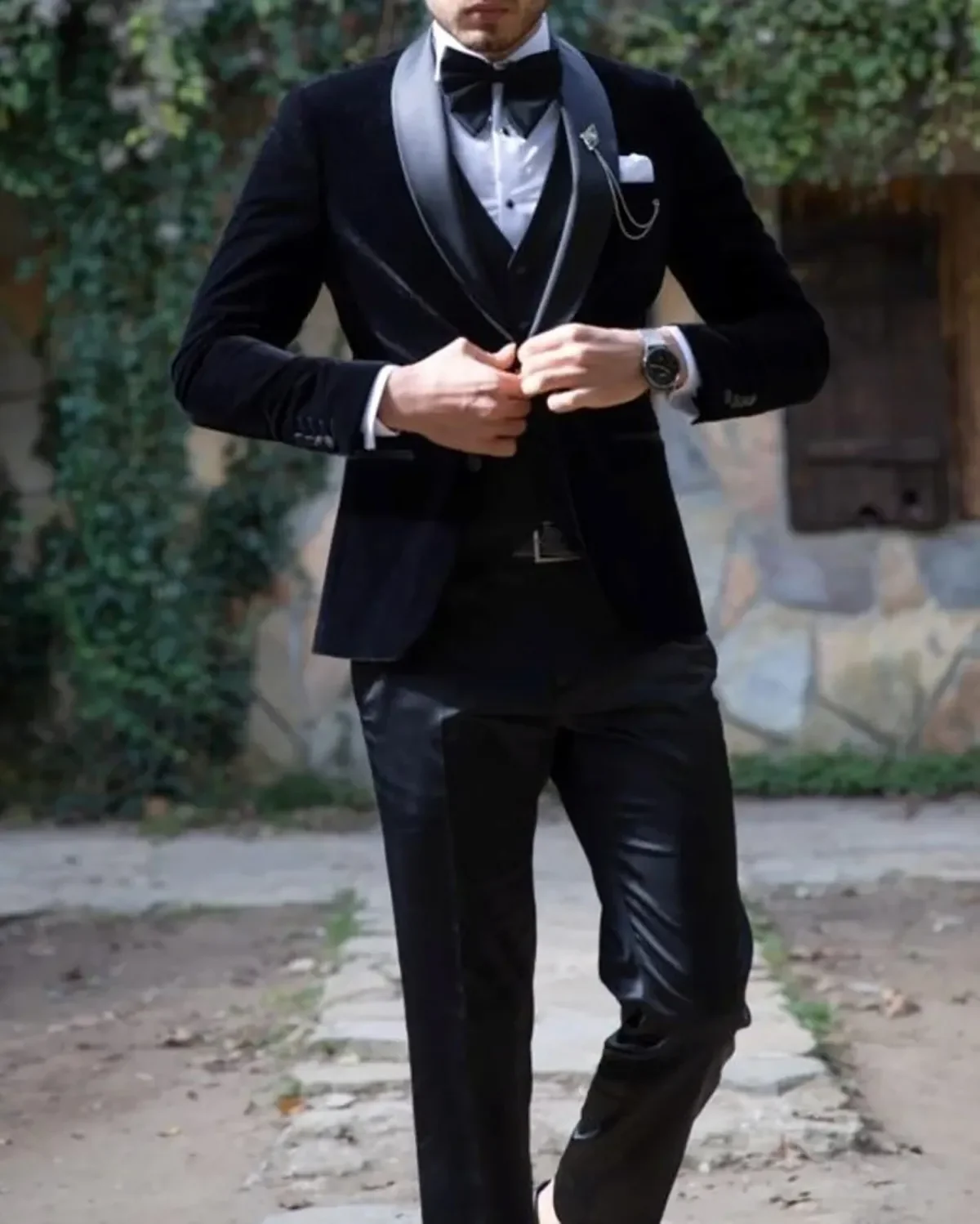 Черный мужской свадебный костюм, шаль, отворот, одежда для жениха, смокинги, деловой стиль, 3 предмета (куртка + жилет + брюки), мужской костюм