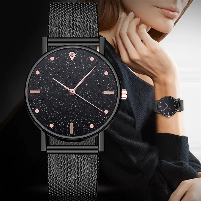 

Black Women Watches Starry Sky Mesh Silicone Strap Woman Fashion Quartz Wristwatch Dropshipping Ladies Clock Sale Simple relogio