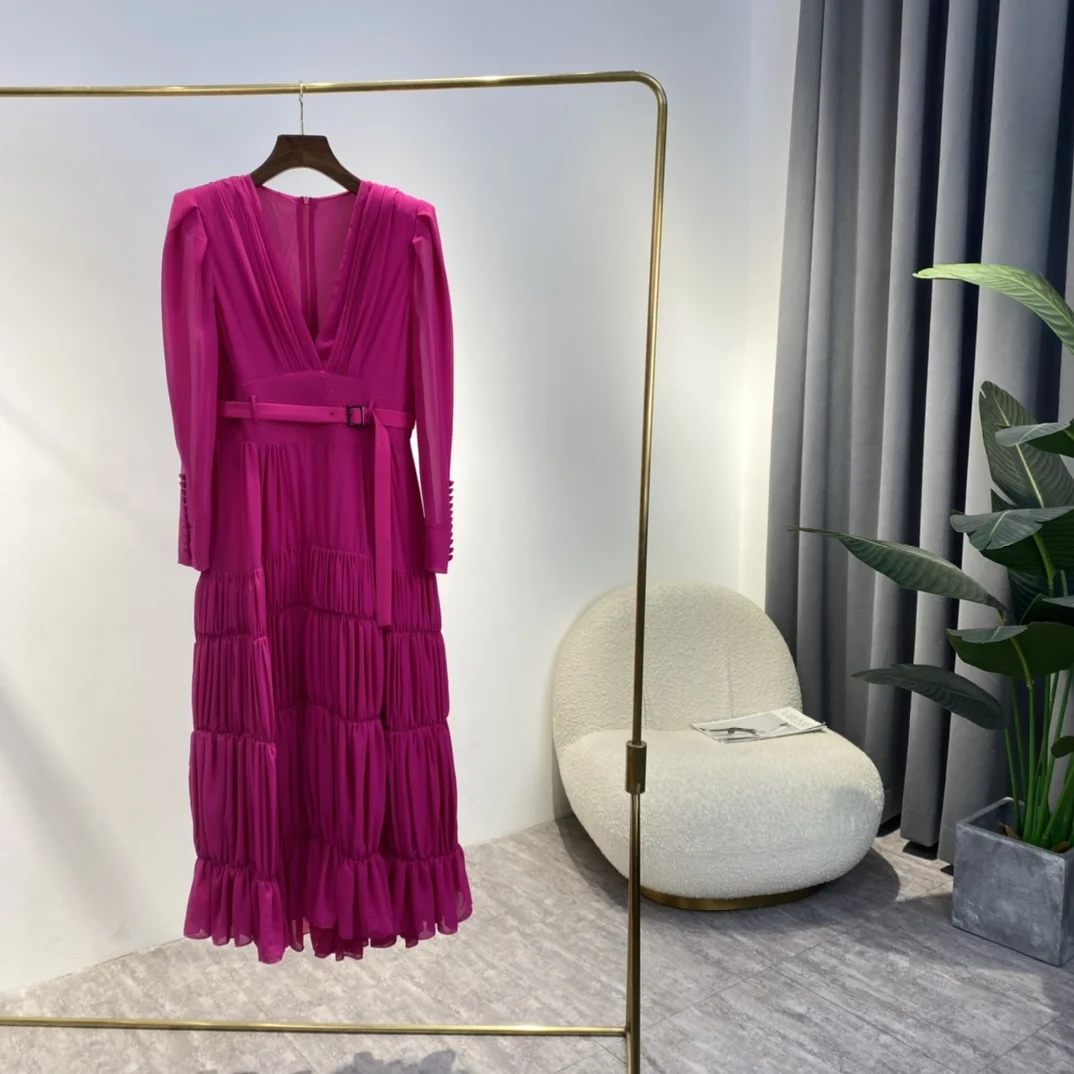 

Rose Red Dresses 2022 Spring New Arrival High Quality Long Puff Sleeve Luxury Heavy Pleat Sweet Ladies Clothes