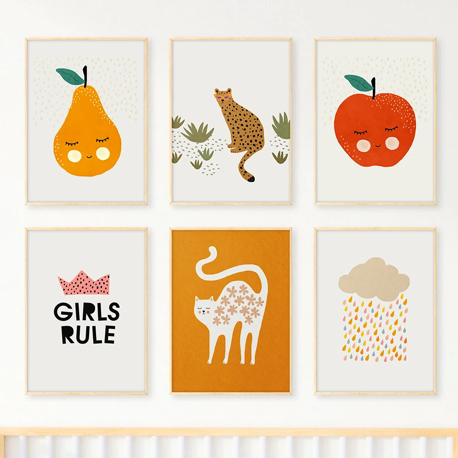 Симпатичная кошка леопард Яблоко Груша темные облака капля дождя детская стена искусство холст постеры принты правила для маленьких девочек Декор детской комнаты