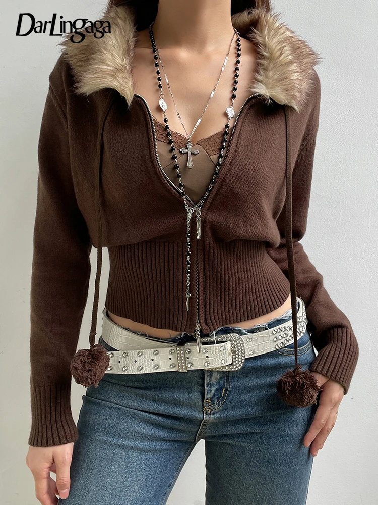 

Darlingaga Y2K Aesthetic Fluffy Fur Trim Collar Women Sweaters Jacket Furry 90s Vintage Zipper Coat Knitting Cardigans Knitwear