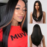 long black synthetic wigs for black women straight natural golden brown highlight wigs middle part heat resistant cosplay hair
