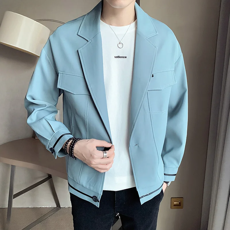 

SYUHGFA 2022 Новый корейский стиль мужской модный костюм блейзеры с несколькими карманами хип-хоп панк мотоцикл синий черный костюм куртки для м...