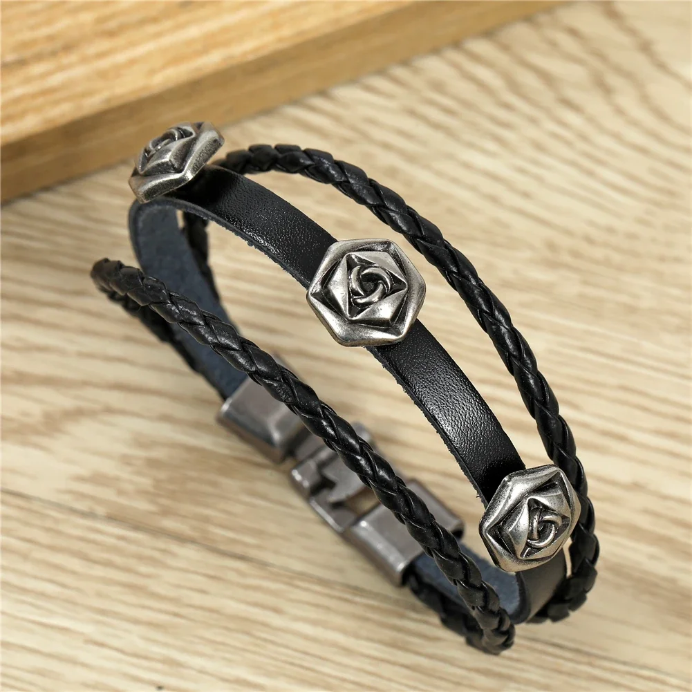 Классический черный кожаный браслет регулируемый размер розовый для мужчин