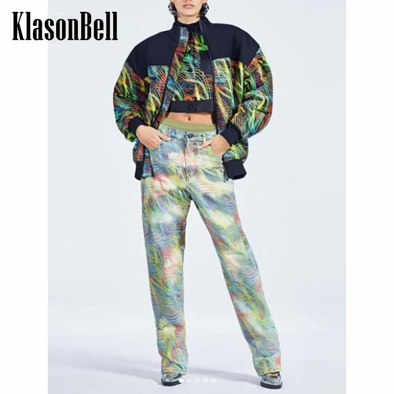 

1.7 KlasonBell Print Embroidery Short T-Shirt Or Straight Jeans Set Women