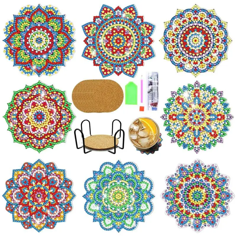 

Diy Diamond Coasters Mandala Coasters Kits 8Pcs Diamond Art Coaster Kit With Holder Coaster For Beginners