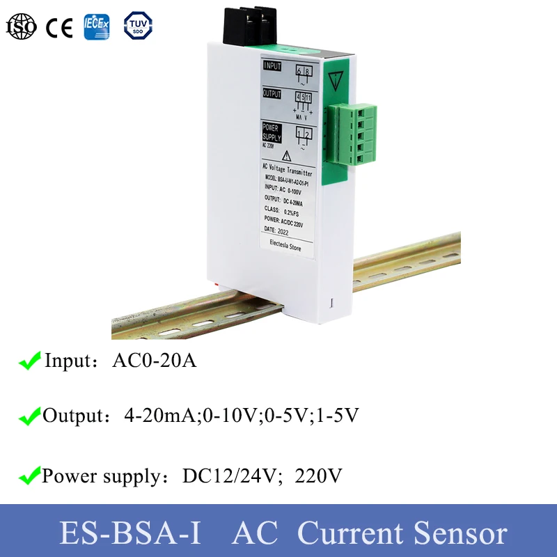 AC 500mA 5A 10A 20A Current Sensor Signal Monitoring Transmitter Distributor 4-20mA 0-5V Output Transducer