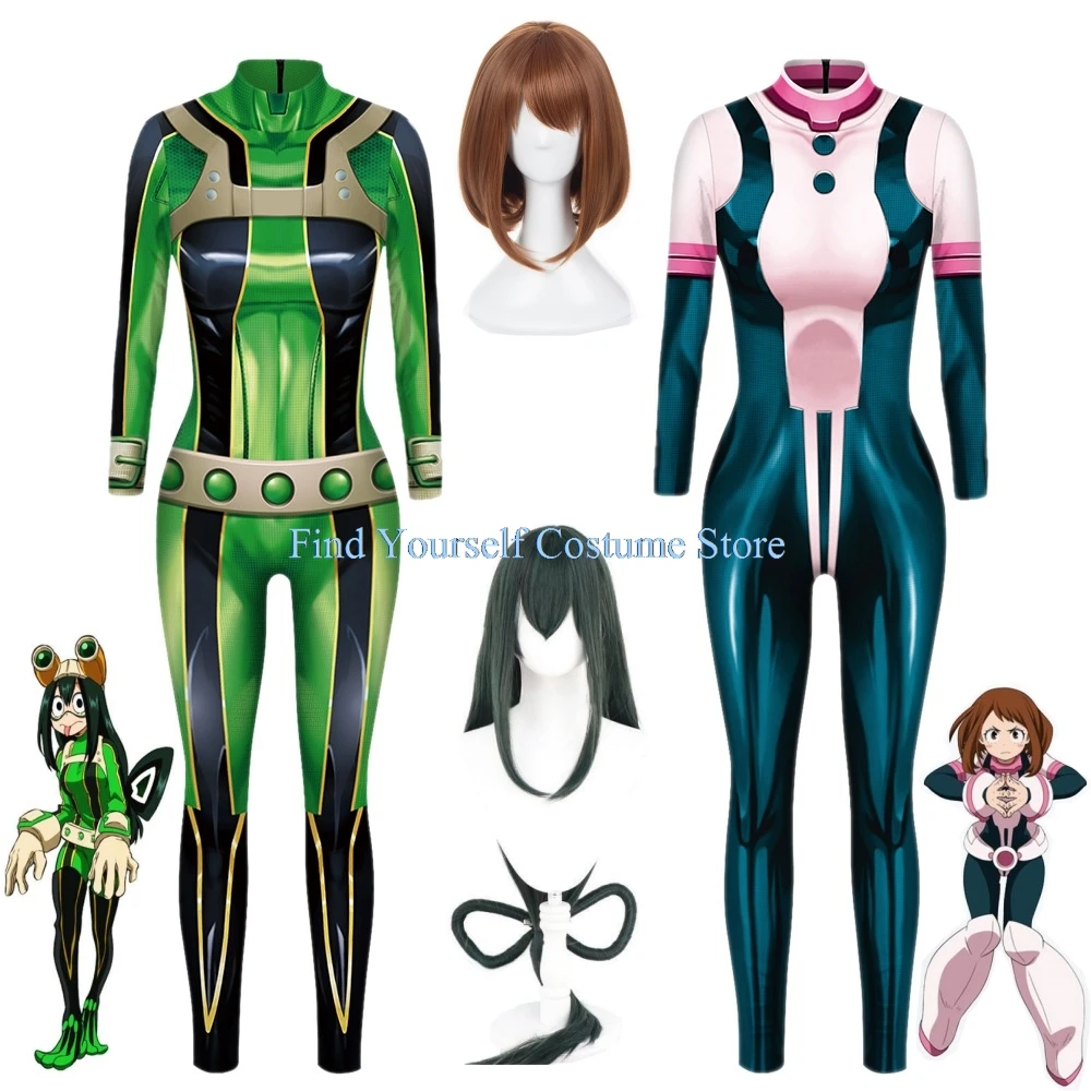 Аниме My Hero Academy Ochaco Uraraka Asui Tsuyu Froppy Косплей Костюм Парик Облегающие комбинезоны с