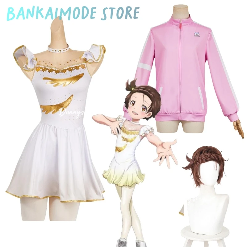 Yuitsuka Inori аниме Medalist косплей костюм парик белое облегающее платье розовое пальто с