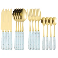 gold stainless steel cutlery set 16pcs knifes spoons forks tableware sets ceramic handle dinnerware kitchen