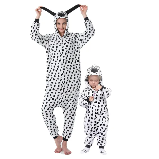 Dalmatians Onesie Women Kid Dog Kigurumis Family Halloween Suit Funny Pajama with Slippers Chiristmas Party Jumpsuit Sleepwear 1
