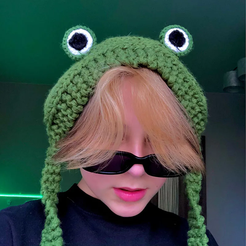 Winter Women Cute Green Frog Hat Crochet Knitted Hat Costume Beanie Hats Cap Women Gift Hip-hop Cap Photography Prop Party