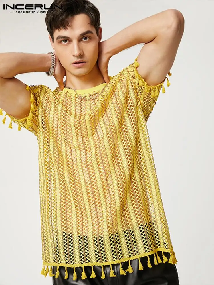 

Мужская Просвечивающая футболка с круглым вырезом, коротким рукавом и бахромой