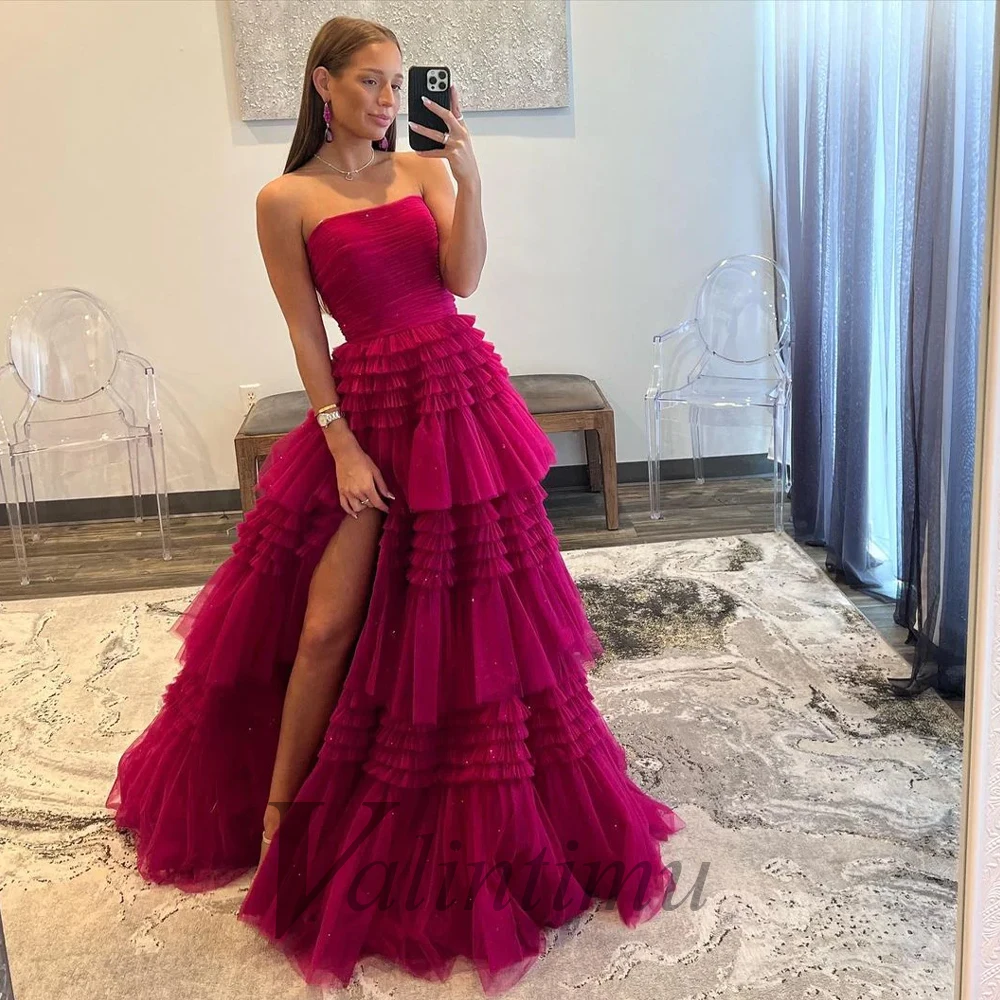

Valintimu Birthday Sleeveless Prom Ball Gown Dresses Formal Gowns Tulle Corset Side Slit Sequin Made To Order Vestido De Fiesta