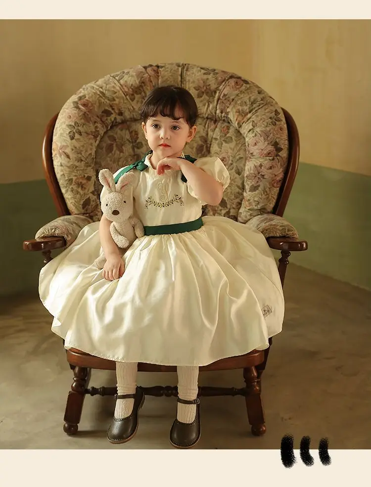 

Girls Spring Summer Vintage Dresses Bow Lolita Dress Baby Princess Dress Birthday Party Short Sleeve Embroidery Children's Dress