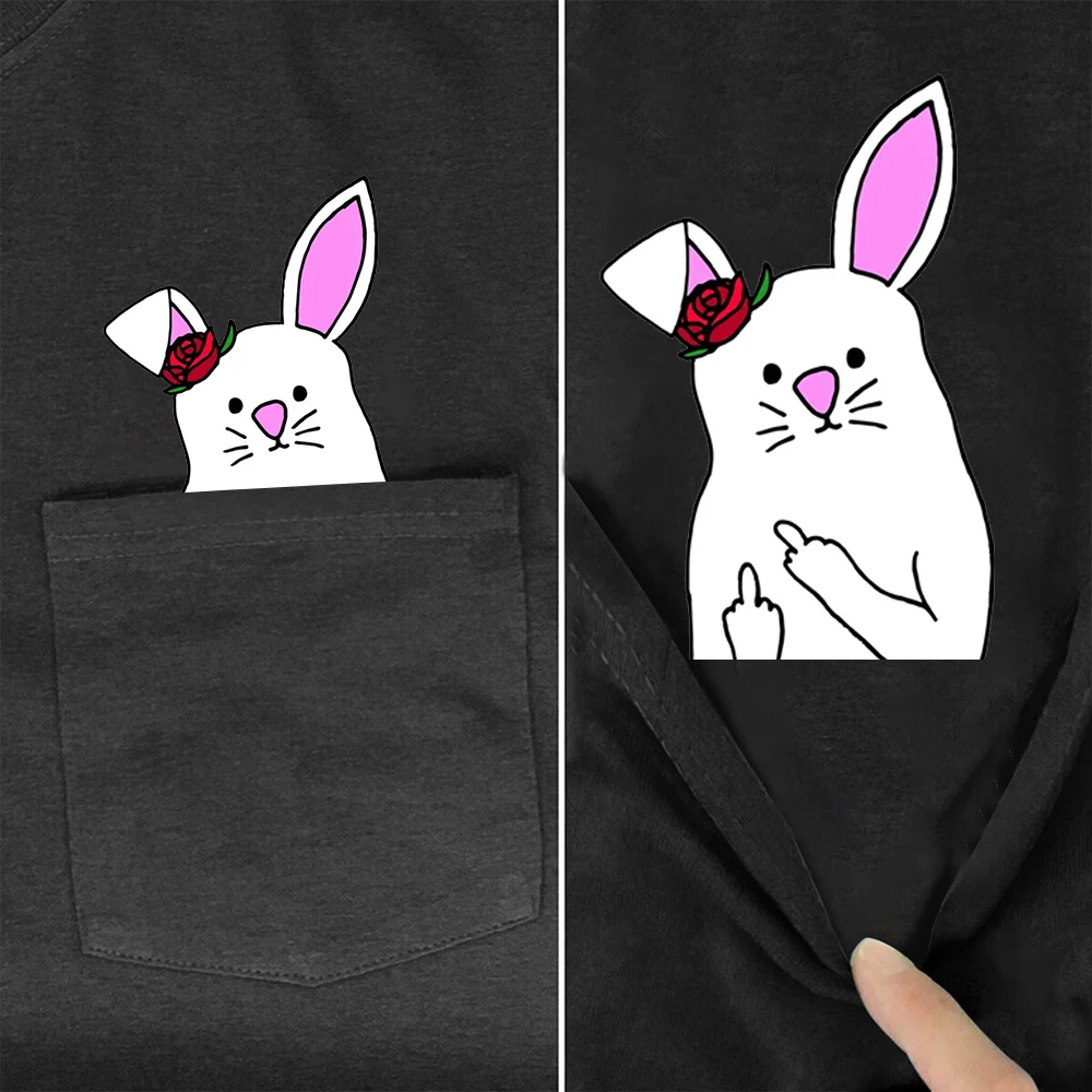 

CLOOCL Animal T-shirts Funny Bunny Middle Finger Pocket T-shirt Sticker Printed Cotton Tees Men Women Summer Short Sleeve Shirts