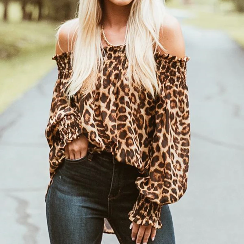 

New Autumn Fashion Women Sexy Off Shoulder Long Sleeve T-shirts Casual Leopard Slash Neck Tops