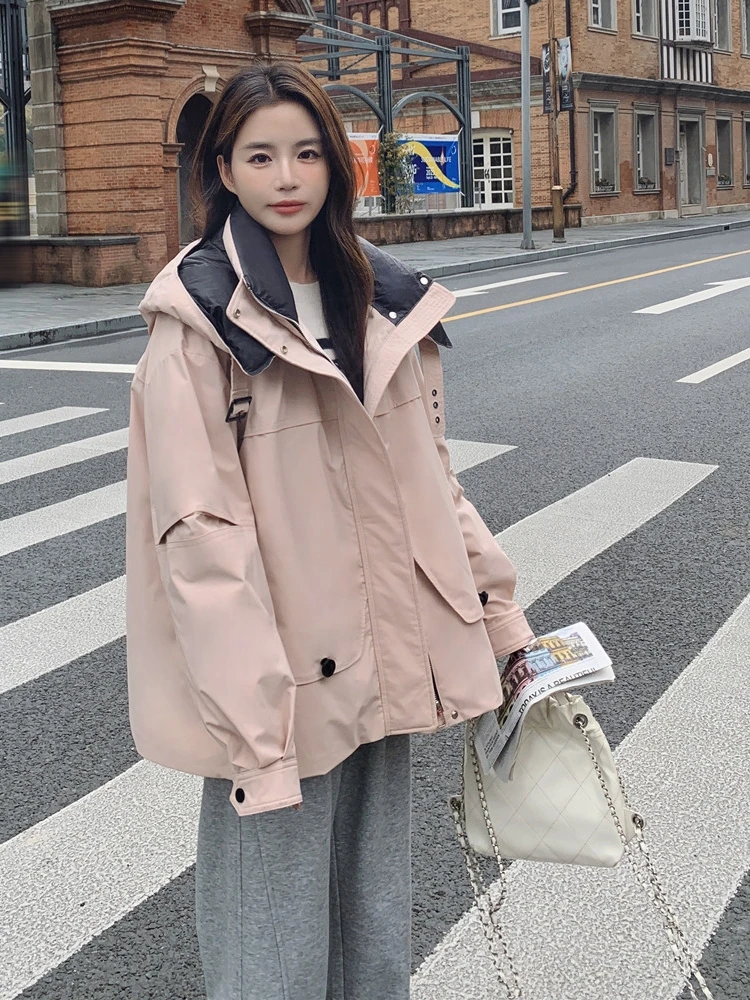 Розовый пуховик-карго верхняя одежда женская осенне-зимняя куртка 2024 новая