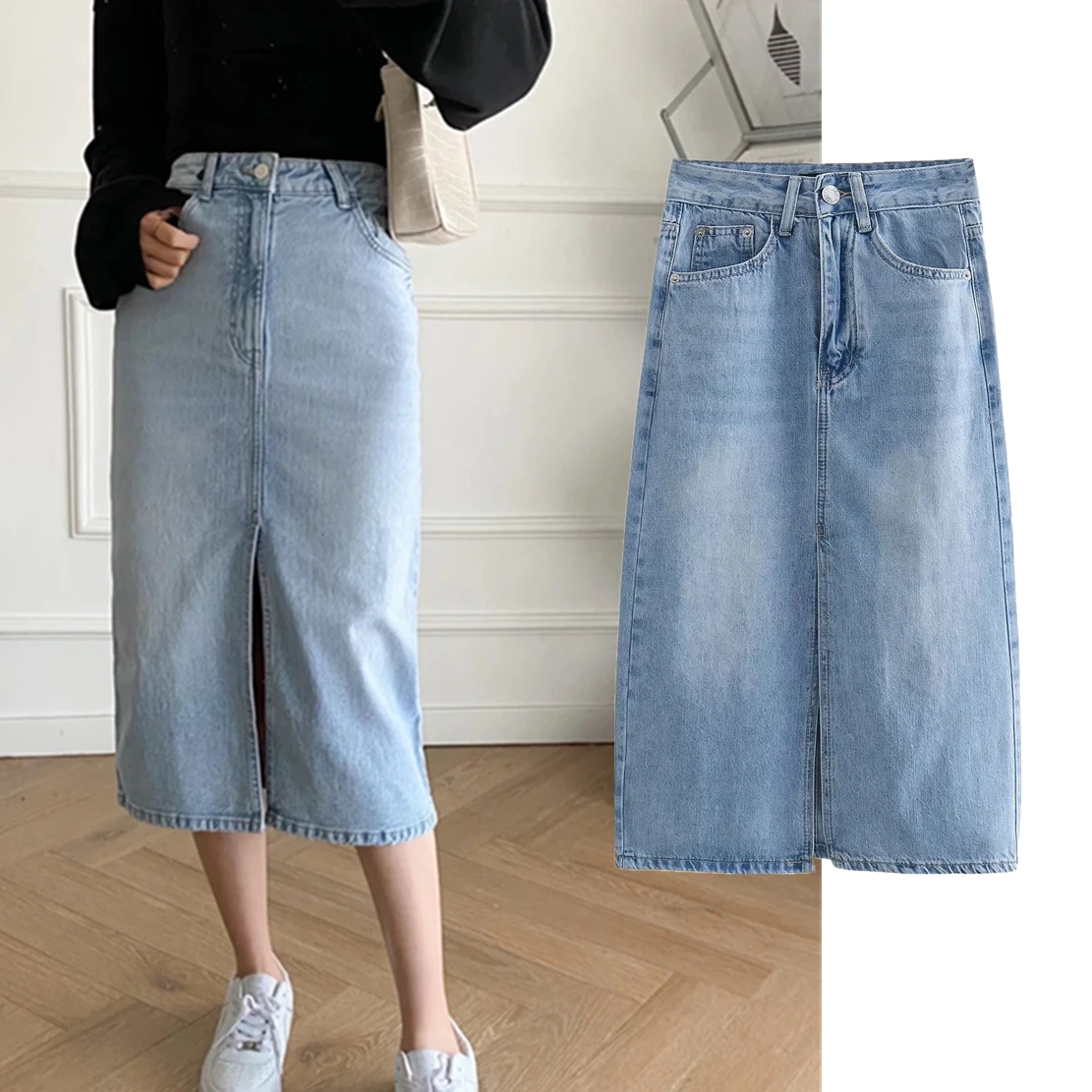 

Jenny&Dave 2022 England Style High Waist Long Skirts Womens High Street Retro Washed Forking Denim Midi Skirts