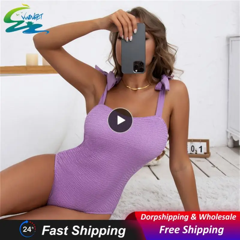 

1PCS Riseado Textured One Piece Swimsuit 2023 Tie Shoulder Sexy Swimwear Women Bodysuit Solid Monokini High Cut Women's Bathing