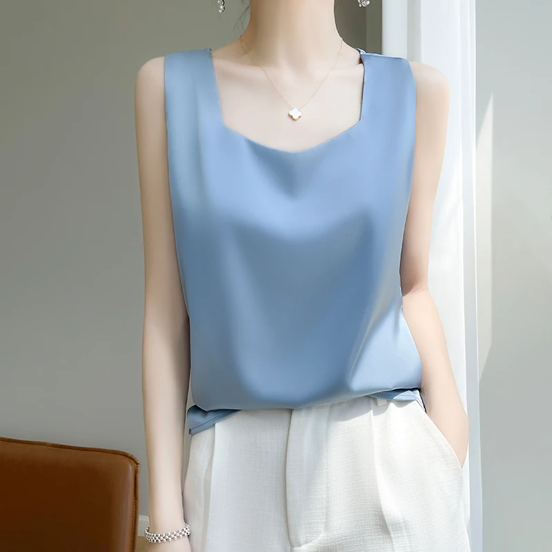 

Women's Summer T-shirt Wide Edge V-Neck Pullover Tank Top Silk Satin Solid Color Top Fashion Korean Edition Women's Underwear