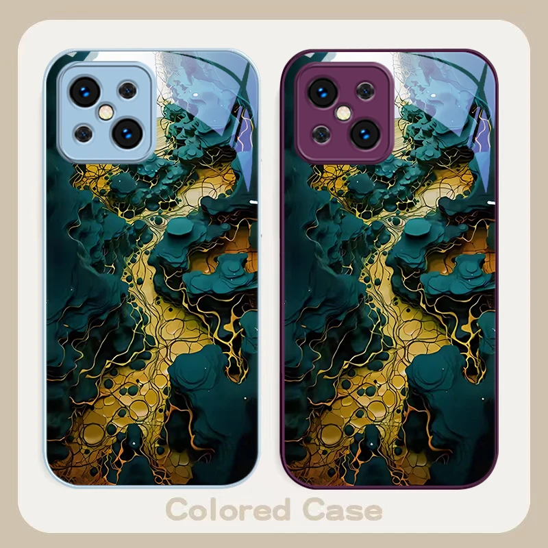 Lava landform dark green For Find X5 X3 Lite Reno 6 4Z 5G OPPO A72 79 73 58 A54S OnePlus Nord N200 Tempered glass phone case