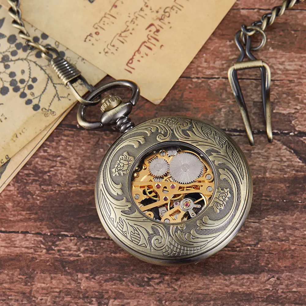 Vintage Steampunk Retro Hollow Gear Movement Mechanical Antique Pocket Watch FOB Pendant Chain Pocket Watch Men Women Boy Clock