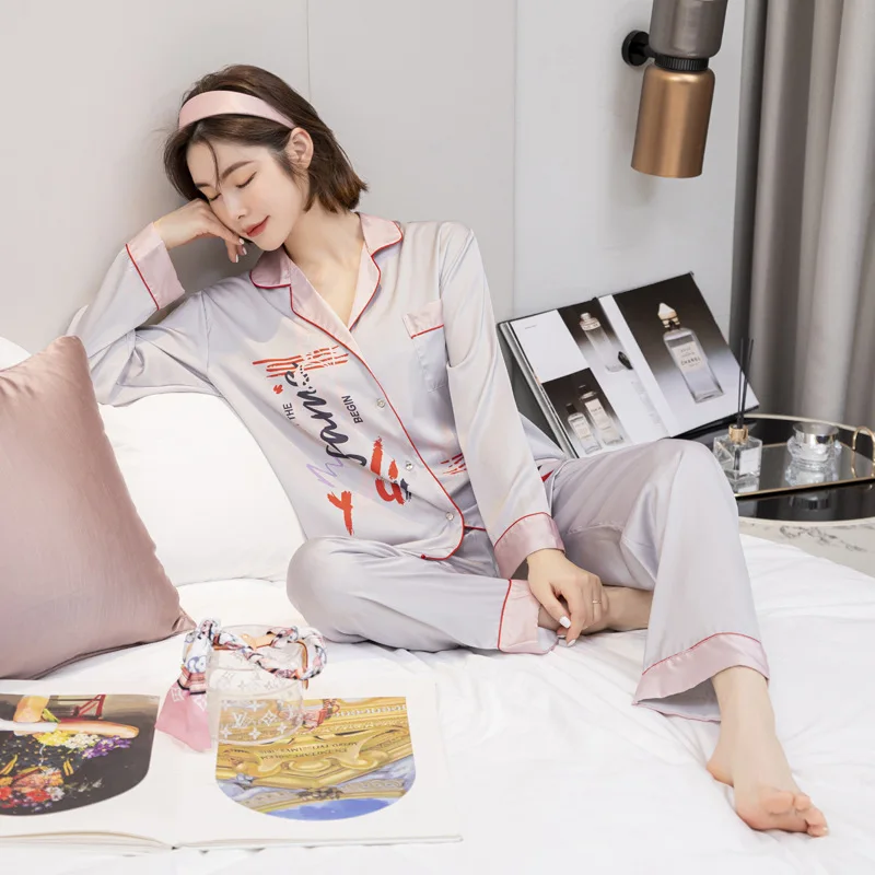 New ice silk couple pajamas Men's spring and summer simulation silk thin pajamas ladies sweet leopard print homewear suit