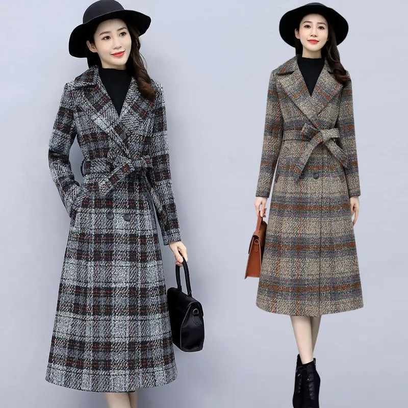 

Women Wool Blends Long Coat Spring Autumn Office Lady Full Plaid Turn-down Collar Sashes Single Breasted Slim Women Coat Luxury