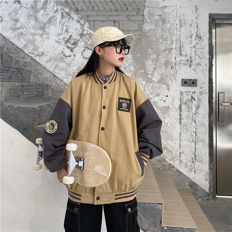 

Women Baseball Bomber Jacket Patchwork Uniform Clothes Women's Autumn 2022 New Harajuku Top Loose Style Color Matching Plus Size