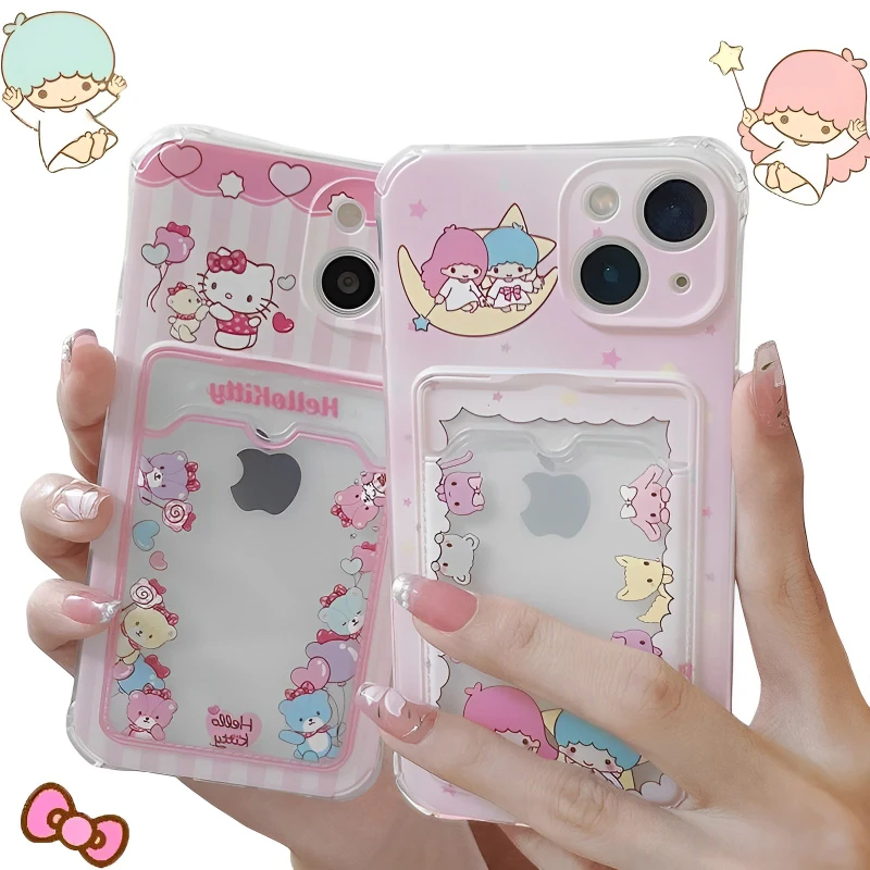 

Kawaii Sanrio Little TwinStars Photo Card Holder Phone Case for IPhone 14 13 12 11 Promax Cartoon Hello Kitty Transparent Cover