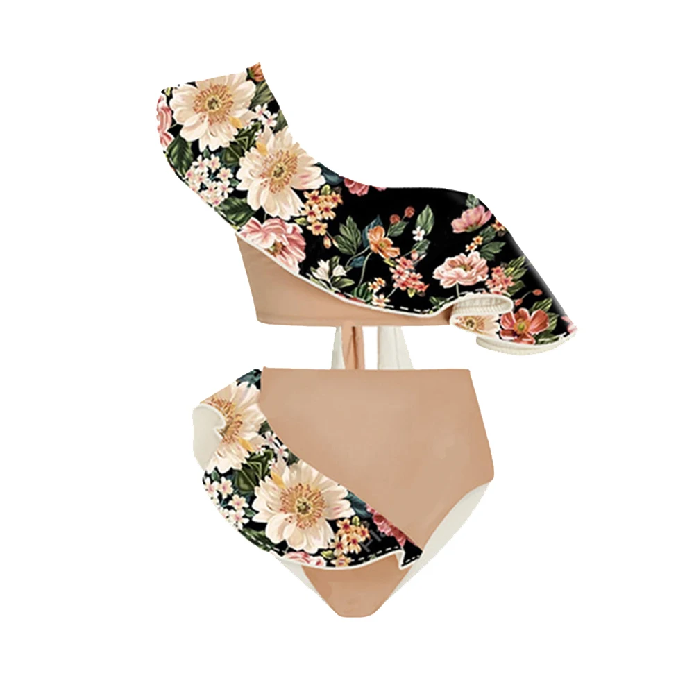 Retro Floral-print Swimsuit Split-joint the Shoulder Swimwear Women's Swimming Chic Ruffle Bikinis High Waist Bathing Suits Slim