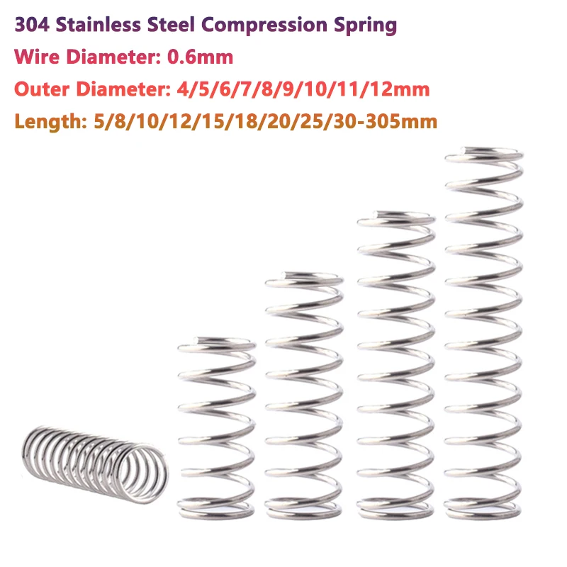

Wire Diameter 0.6mm 304 Stainless Steel Compression Spring Return Spring OD 4/5/6/7/8/9/10/11/12mm Length 5 8 10 12 15 18-305mm