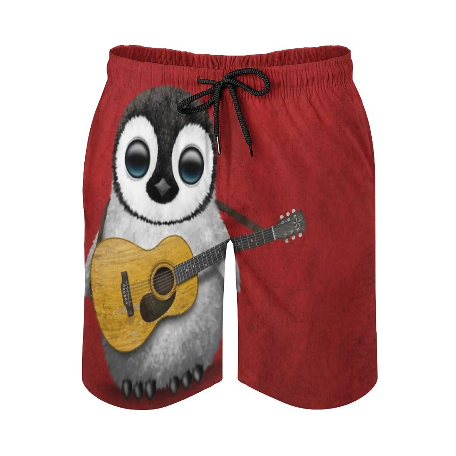 

Musical Baby Penguin Playing Guitar Red Men's Swim Trunks Sports Shorts Beach Trunks Surfing Pockets And Mesh Lining Penguin