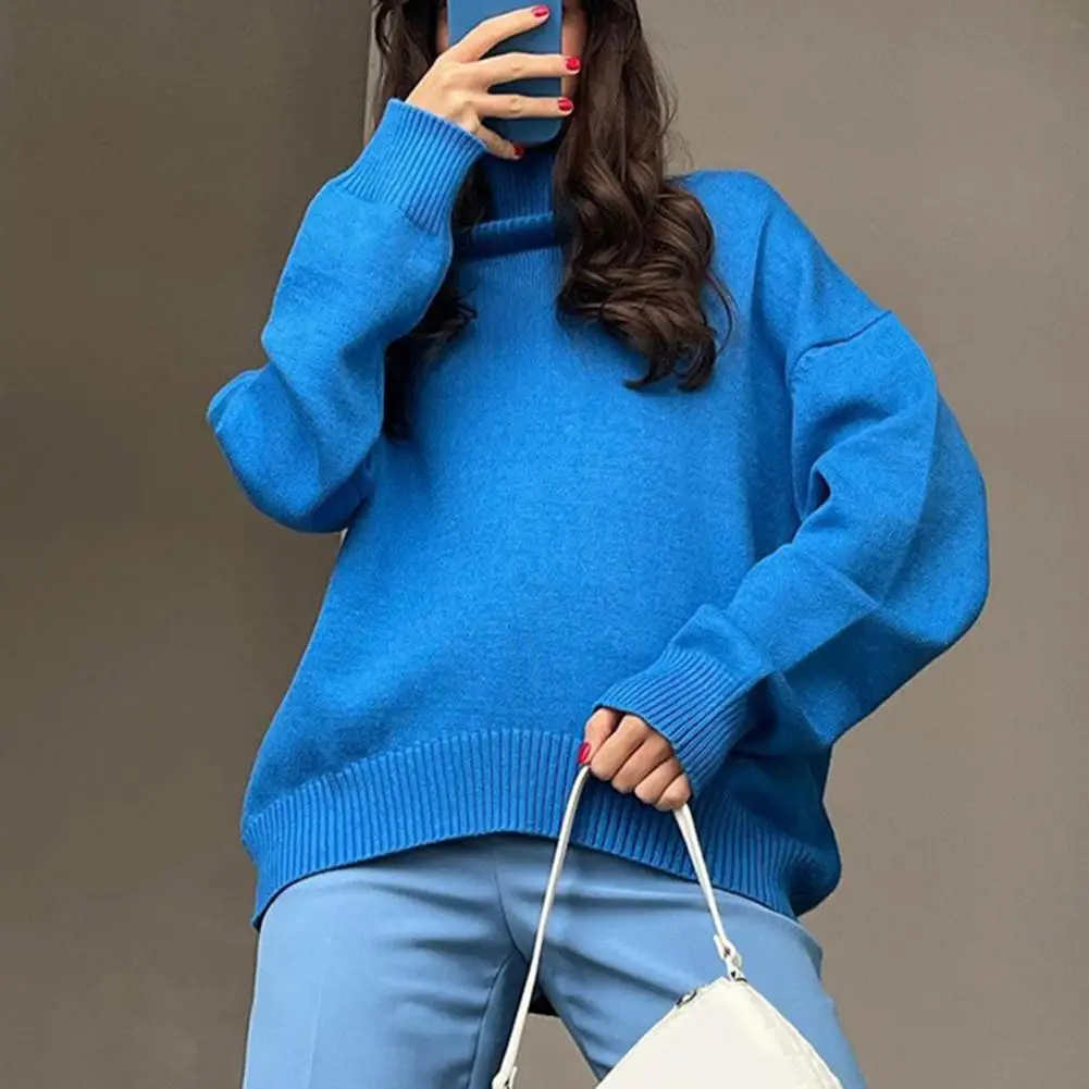 

Solid Color Loose Warm Sweater Jumper Turtleneck Long Sleeve Ribbed Trim Sweater Winter Coldproof Pullover Sweater For Dating