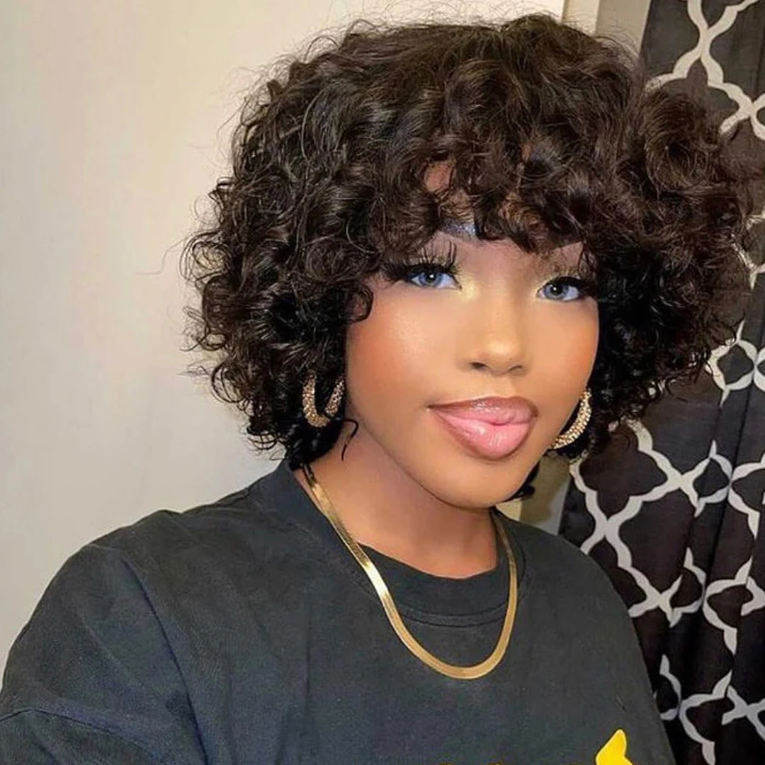 

Trueme Bouncy Curly Human Hair Wigs Short Curly Human Hair Wig For Women Pixie Cut Bob Wig With Bangs Cheap Full Machine Wig