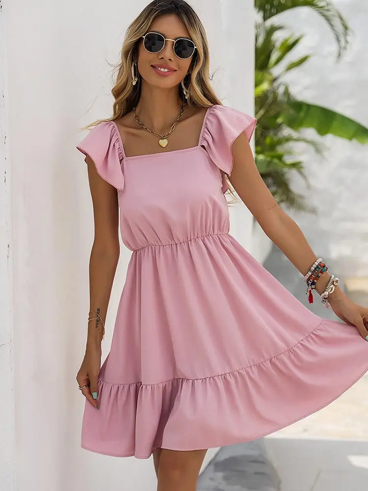 

Элегантное летнее платье WYWMY для женщин, милое ярко-розовое мини-платье с оборками, женское плиссированное платье с открытой спиной, новинка 2022