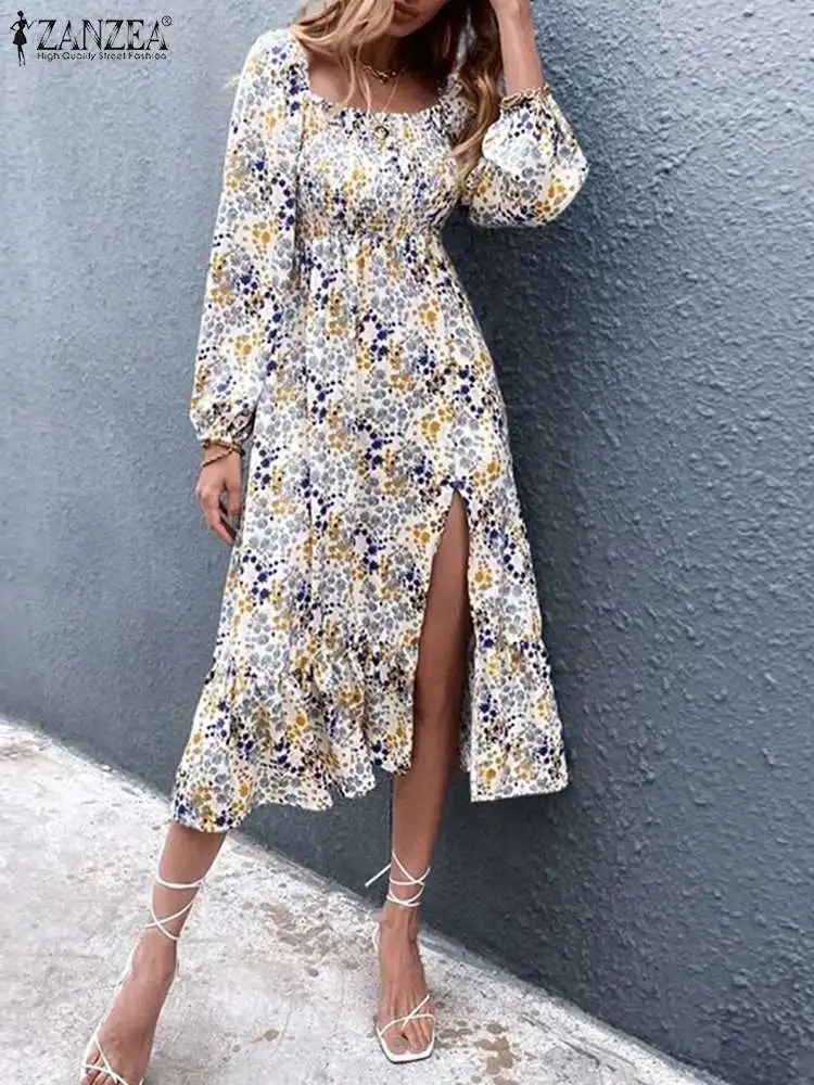 

Элегантное платье ZANZEA с принтом, богемное женское платье миди, весна 2022, праздничные платья, вечерние пляжные ретро платья с квадратным выре...
