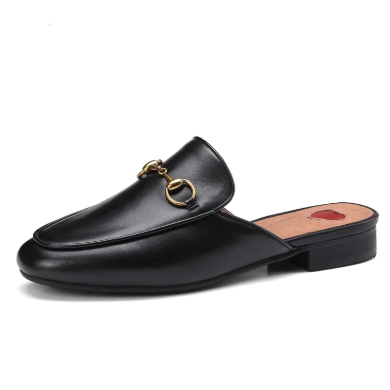 Baotou Half Slippers Female Wearing 2023 New Style of Horse Buckle Leather Sandals Heelless Lazy Shoes Flat Muller Shoes A-8