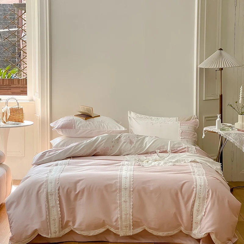 

Pink Girl Bedding Soft Satin 1000TC Egyptian Cotton Silky Bow And Lace Embroidery Duvet Cover Bed Set Fitted Sheet