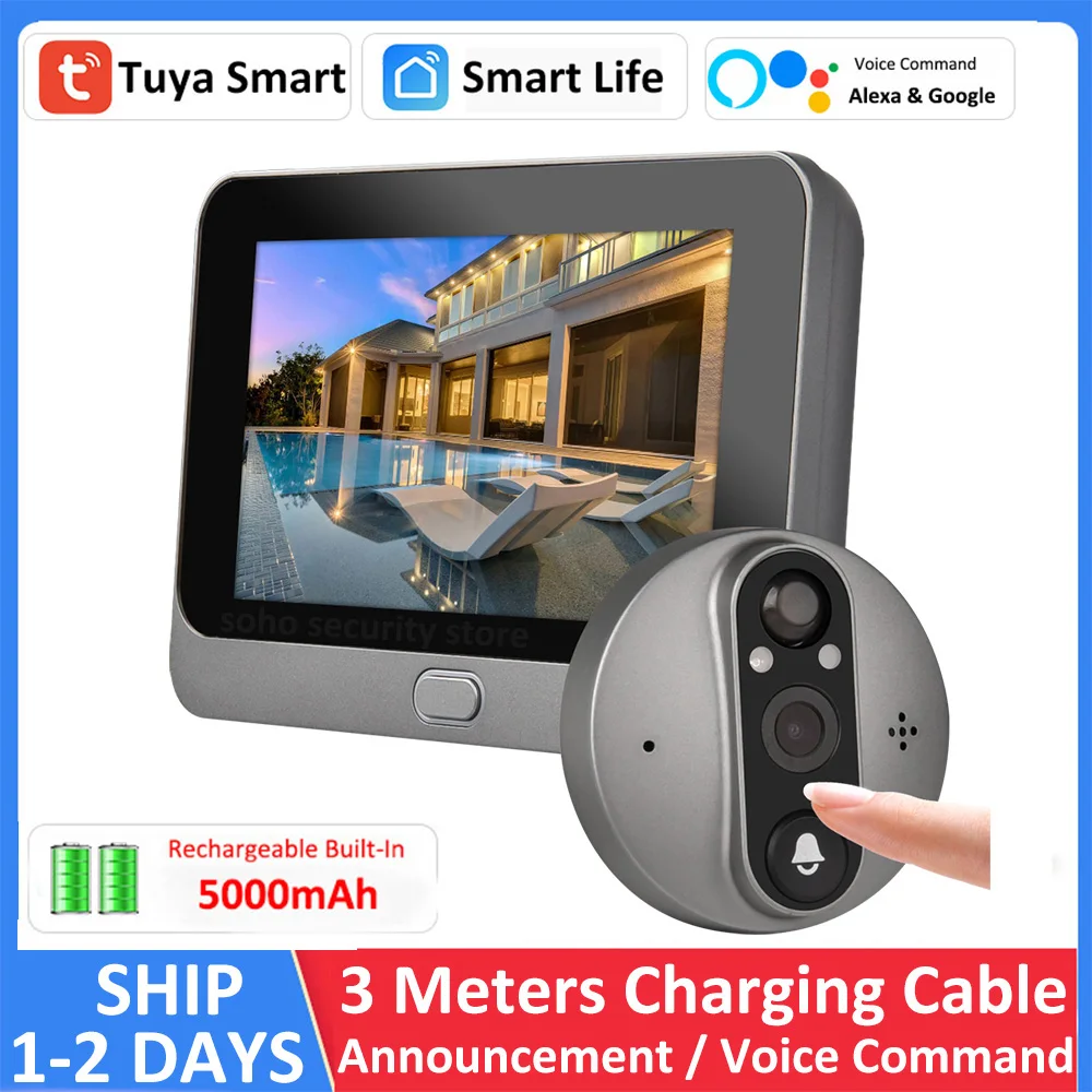 Smart Tuya 1080P Wifi Campanello Per Porte Spioncino Telecamera 5000Mah Audio 4.3 'Pir Fhd Infrarossi Alexa Google Annuncio Visualizzatore Digitale
