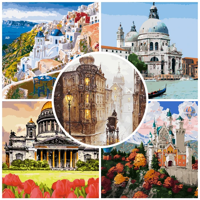 

DIY Painting By Numbers Landscape Architecture HandPainted Oil Painting Drawing On Canvas Kill Time Unique Gift Home Decoration