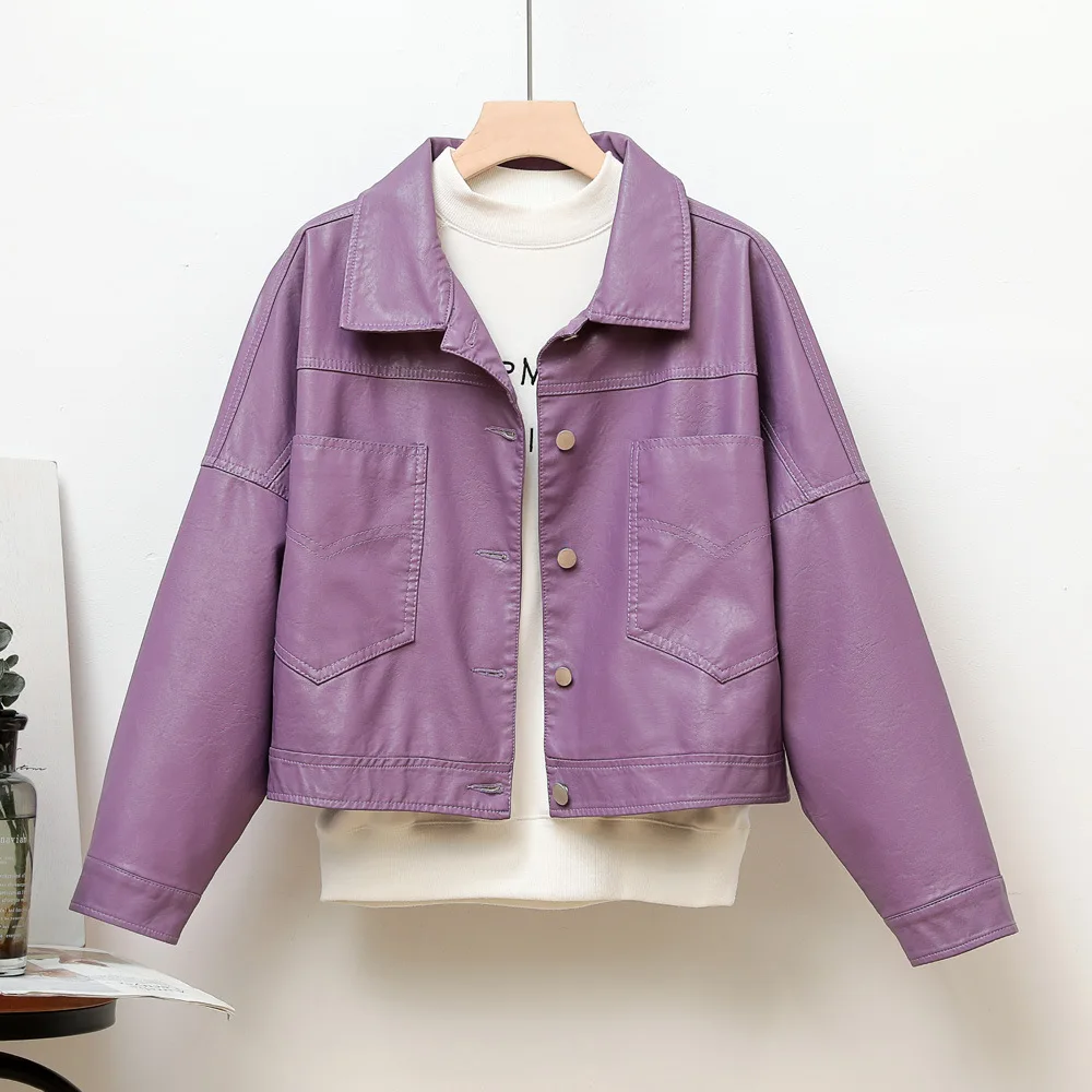 2023 Lapel single breasted large pocket women's leather jacket leather jacket slimming simple purple coat