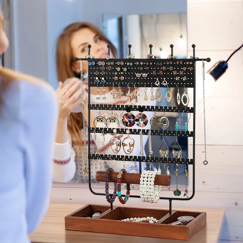 Iron Art Earring Stand Earrings Box Solid Wood Jewelry Storage Display Necklace Ornament Ring Bracelet Jewelry Display Stand