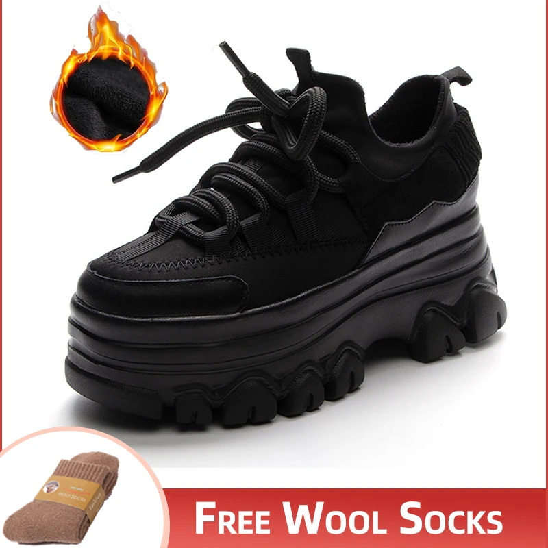 

2023 new 9cm Platform Wedge Sneakers Genuine Leather Women Shoes Chunky Sneakers for Female Spring Autumn Warm Fur Winter Shoes