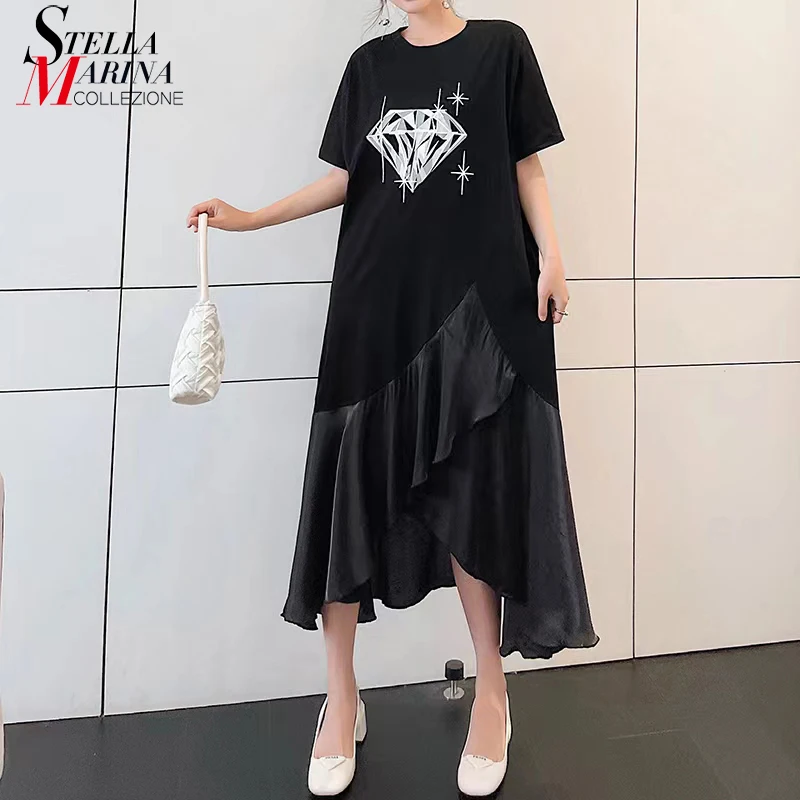 

Short-Sleeve Round Neck Straight New Summer Woman Black Printed Long Dress Diamond Printed Girls Unique Holiday Dress Robe WT049